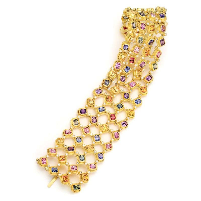 22k gold granulated multicolor sapphire bracelet with diamonds