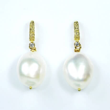 18K gold pearl diamond drop earrings