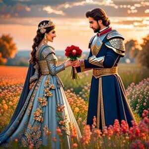 Romantic photo of knight giving lady flowers